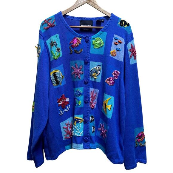 VTG Michael Simon y2k Ocean Aquarium Wearable Art Cardigan Sweater 2X Blue Fish - Picture 3 of 13